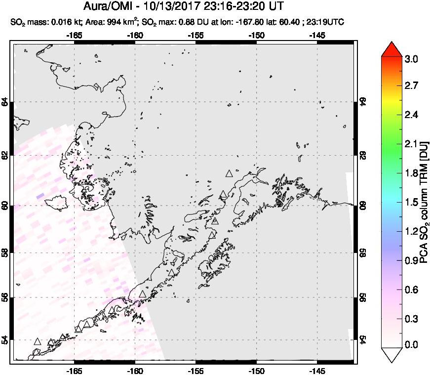 A sulfur dioxide image over Alaska, USA on Oct 13, 2017.