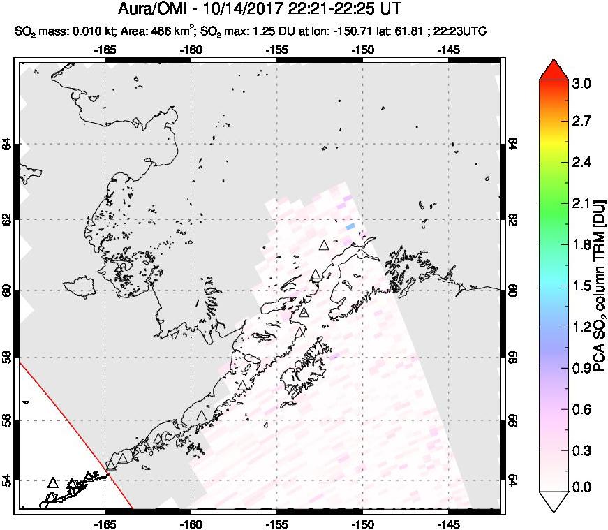 A sulfur dioxide image over Alaska, USA on Oct 14, 2017.
