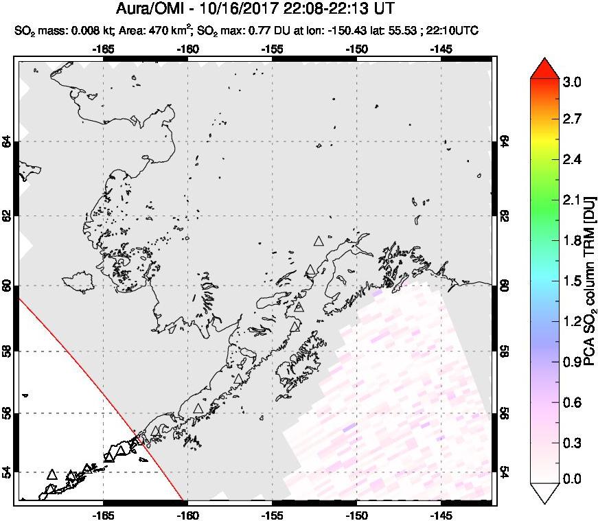 A sulfur dioxide image over Alaska, USA on Oct 16, 2017.
