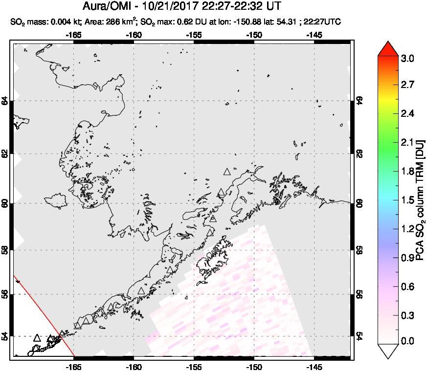 A sulfur dioxide image over Alaska, USA on Oct 21, 2017.