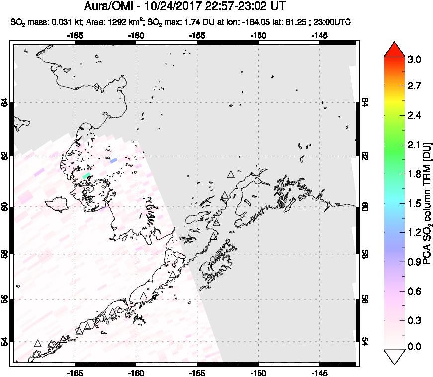 A sulfur dioxide image over Alaska, USA on Oct 24, 2017.