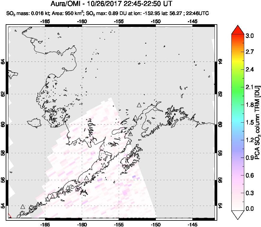 A sulfur dioxide image over Alaska, USA on Oct 26, 2017.