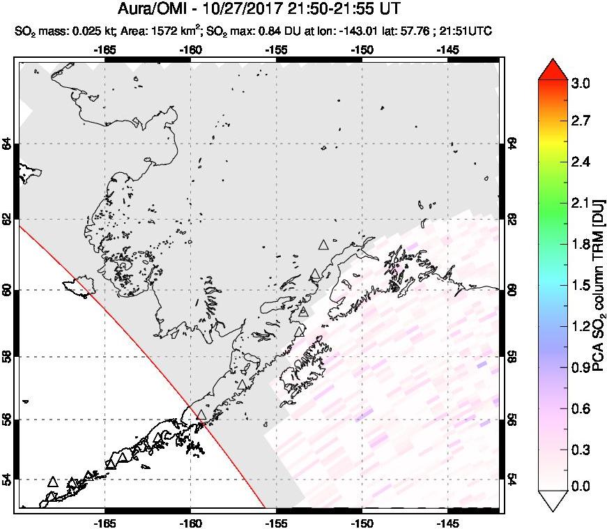 A sulfur dioxide image over Alaska, USA on Oct 27, 2017.
