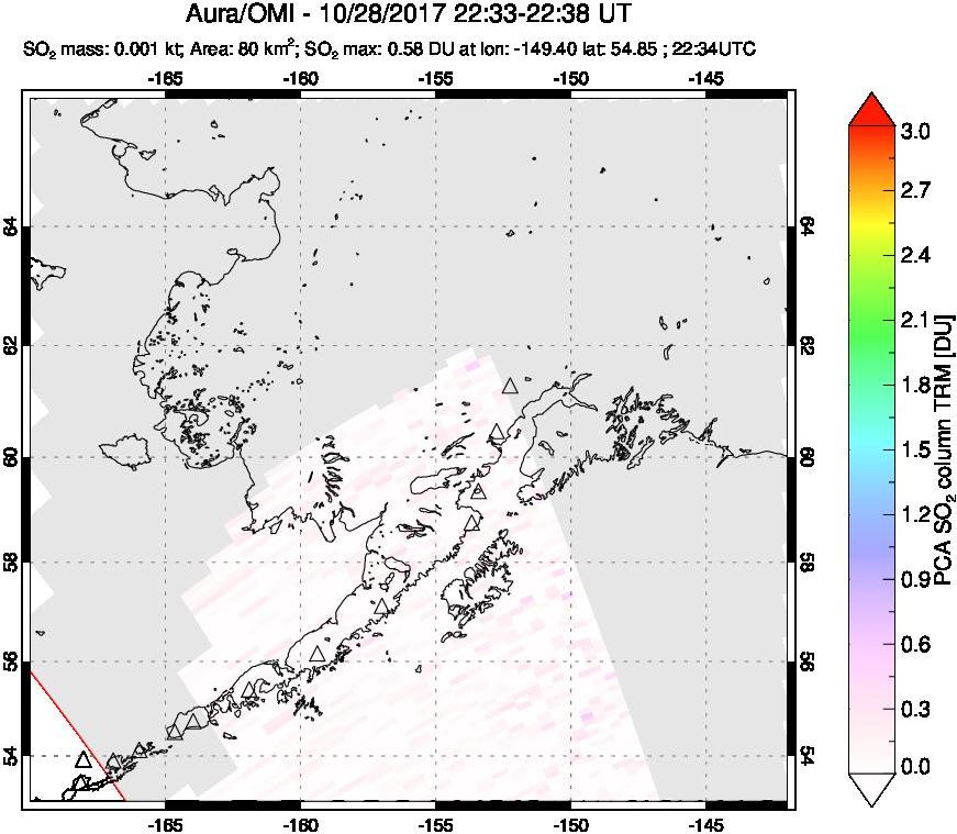 A sulfur dioxide image over Alaska, USA on Oct 28, 2017.