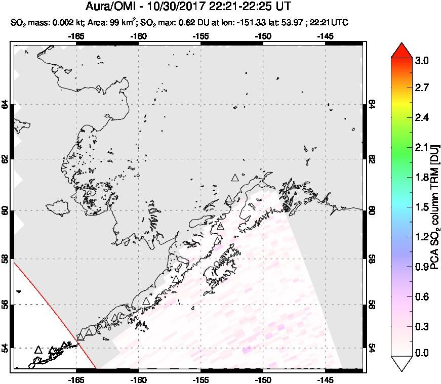 A sulfur dioxide image over Alaska, USA on Oct 30, 2017.