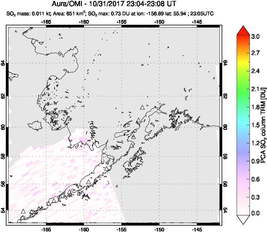 A sulfur dioxide image over Alaska, USA on Oct 31, 2017.