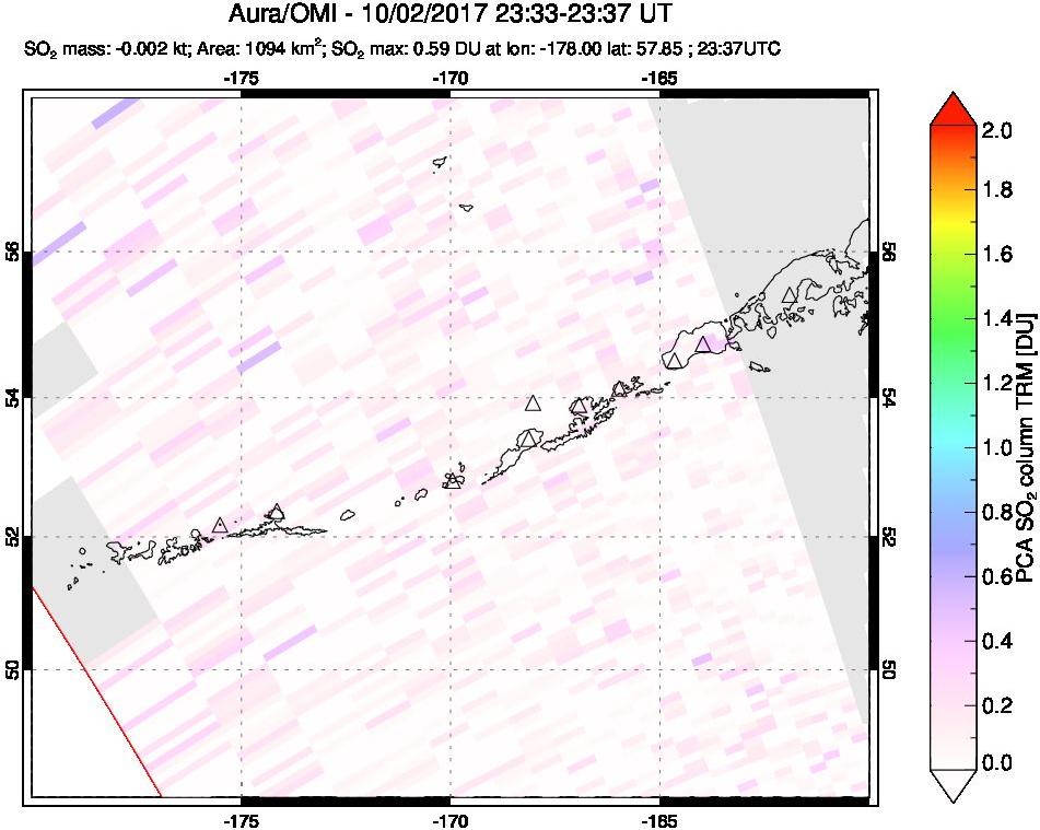 A sulfur dioxide image over Aleutian Islands, Alaska, USA on Oct 02, 2017.