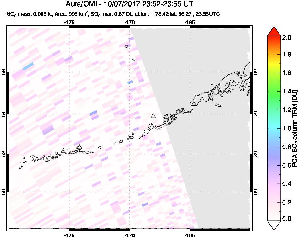 A sulfur dioxide image over Aleutian Islands, Alaska, USA on Oct 07, 2017.