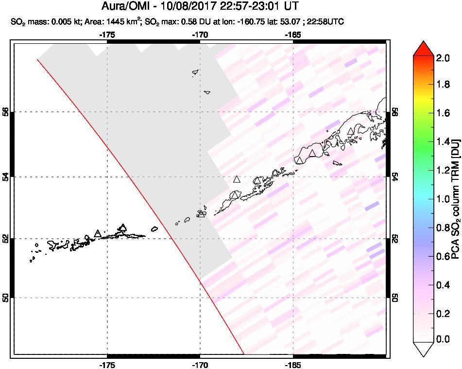 A sulfur dioxide image over Aleutian Islands, Alaska, USA on Oct 08, 2017.
