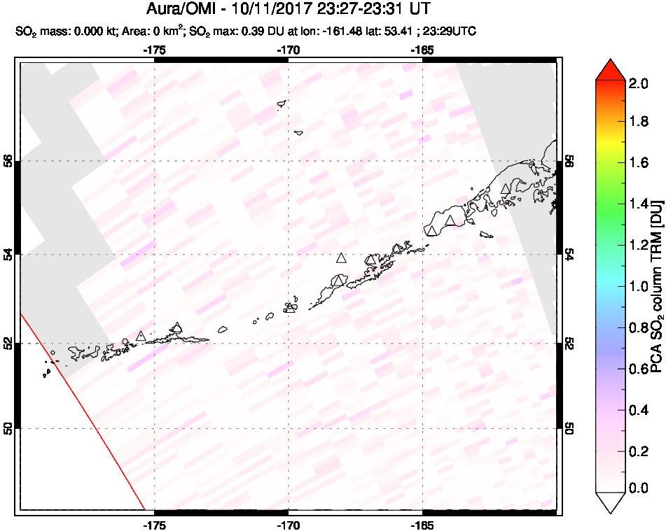 A sulfur dioxide image over Aleutian Islands, Alaska, USA on Oct 11, 2017.