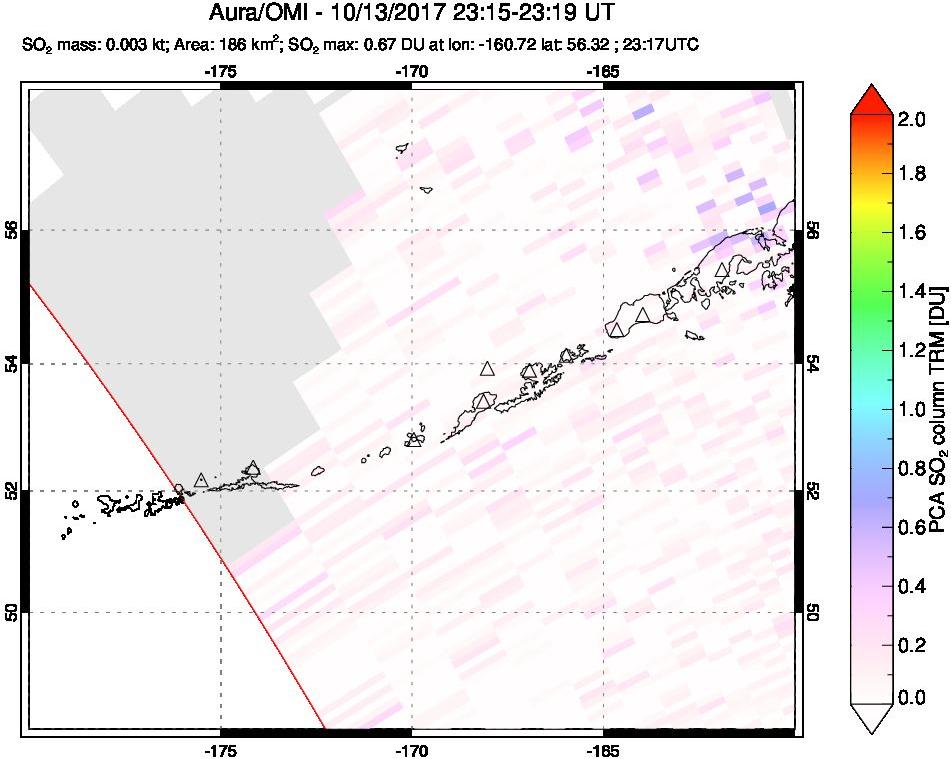 A sulfur dioxide image over Aleutian Islands, Alaska, USA on Oct 13, 2017.