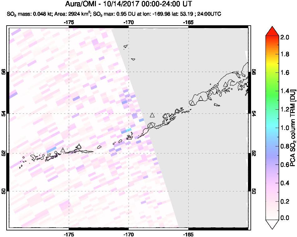 A sulfur dioxide image over Aleutian Islands, Alaska, USA on Oct 14, 2017.
