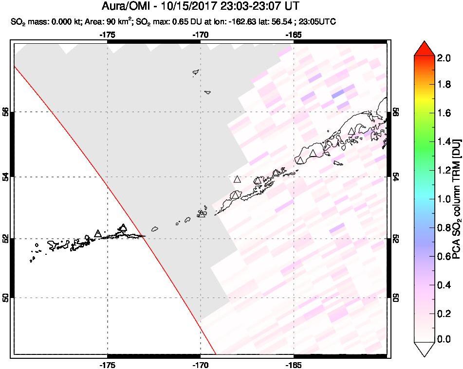A sulfur dioxide image over Aleutian Islands, Alaska, USA on Oct 15, 2017.