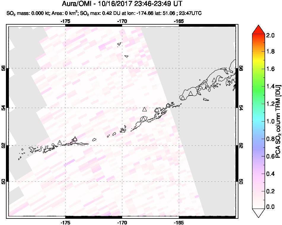 A sulfur dioxide image over Aleutian Islands, Alaska, USA on Oct 16, 2017.