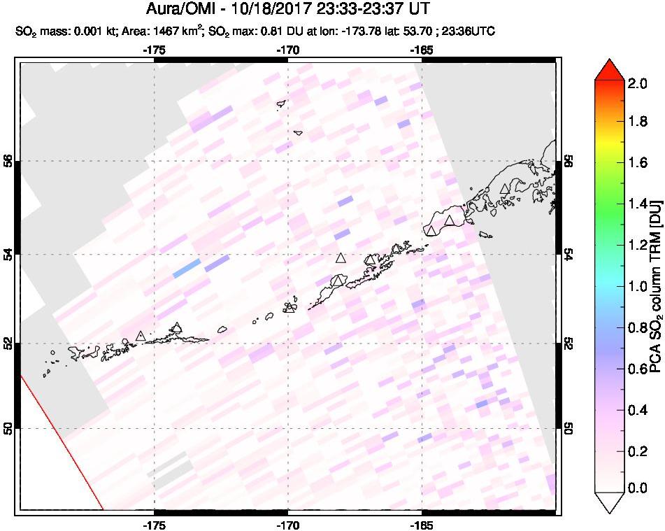A sulfur dioxide image over Aleutian Islands, Alaska, USA on Oct 18, 2017.