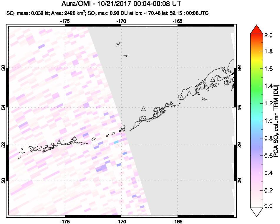 A sulfur dioxide image over Aleutian Islands, Alaska, USA on Oct 21, 2017.