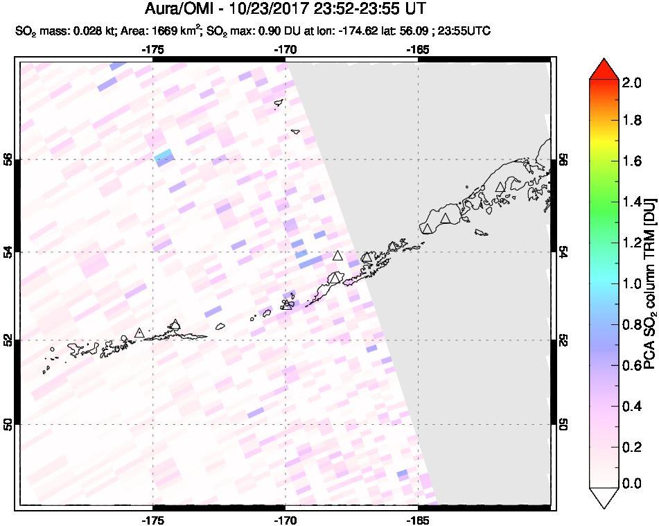 A sulfur dioxide image over Aleutian Islands, Alaska, USA on Oct 23, 2017.