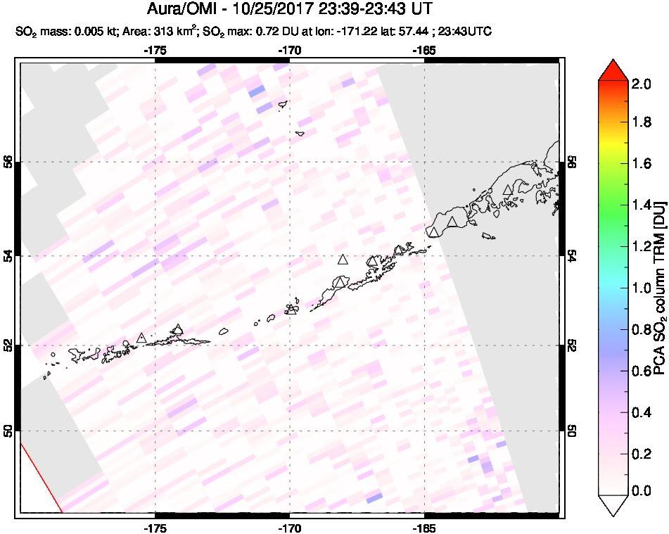 A sulfur dioxide image over Aleutian Islands, Alaska, USA on Oct 25, 2017.