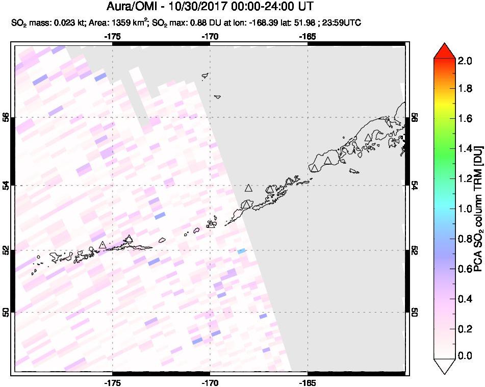 A sulfur dioxide image over Aleutian Islands, Alaska, USA on Oct 30, 2017.