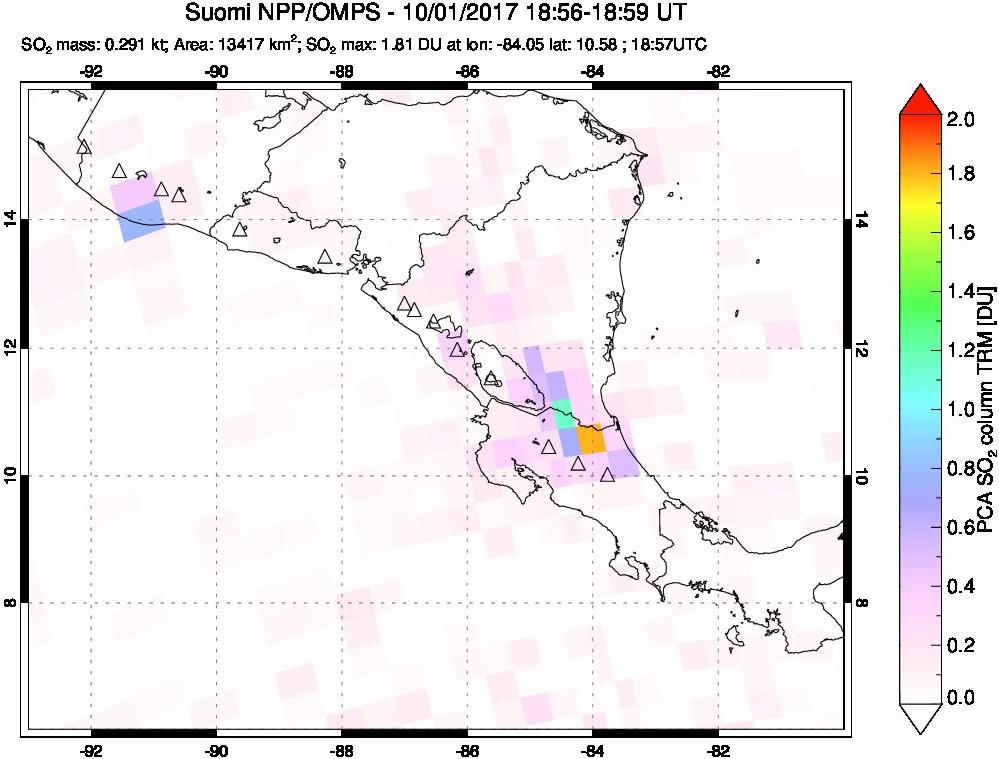A sulfur dioxide image over Central America on Oct 01, 2017.