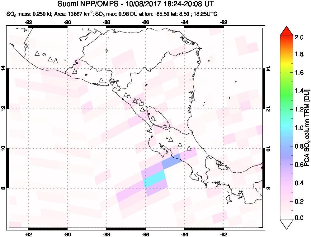 A sulfur dioxide image over Central America on Oct 08, 2017.