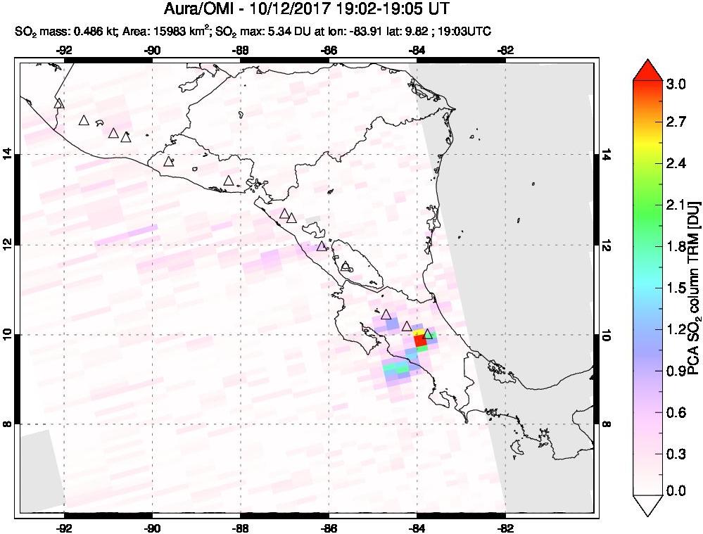 A sulfur dioxide image over Central America on Oct 12, 2017.