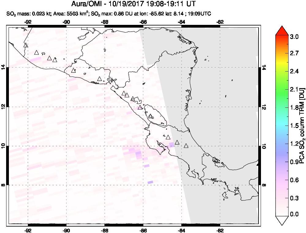 A sulfur dioxide image over Central America on Oct 19, 2017.