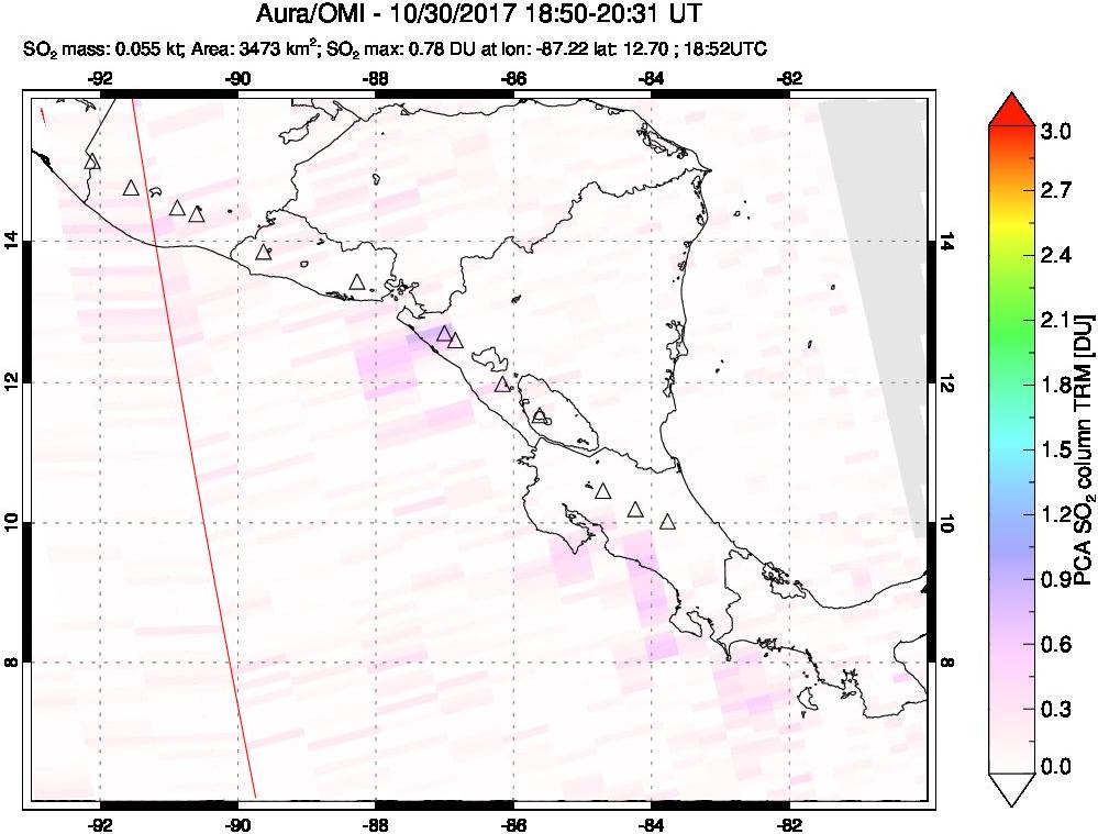 A sulfur dioxide image over Central America on Oct 30, 2017.