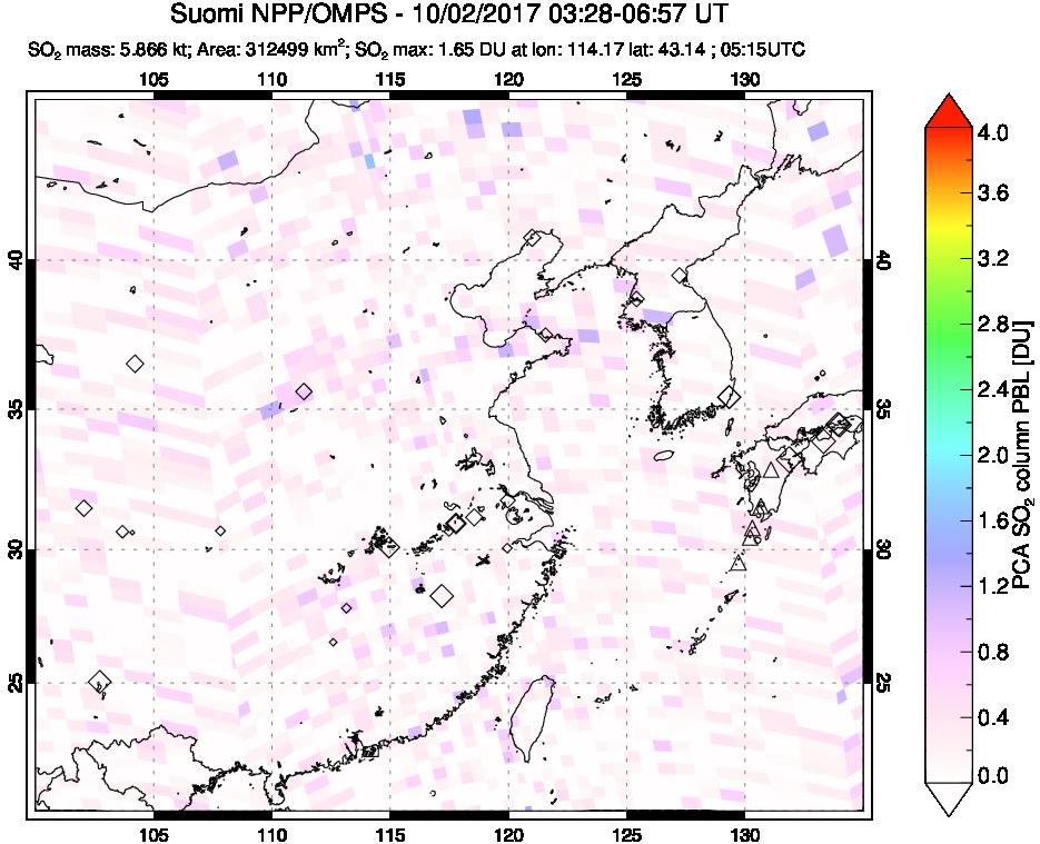 A sulfur dioxide image over Eastern China on Oct 02, 2017.