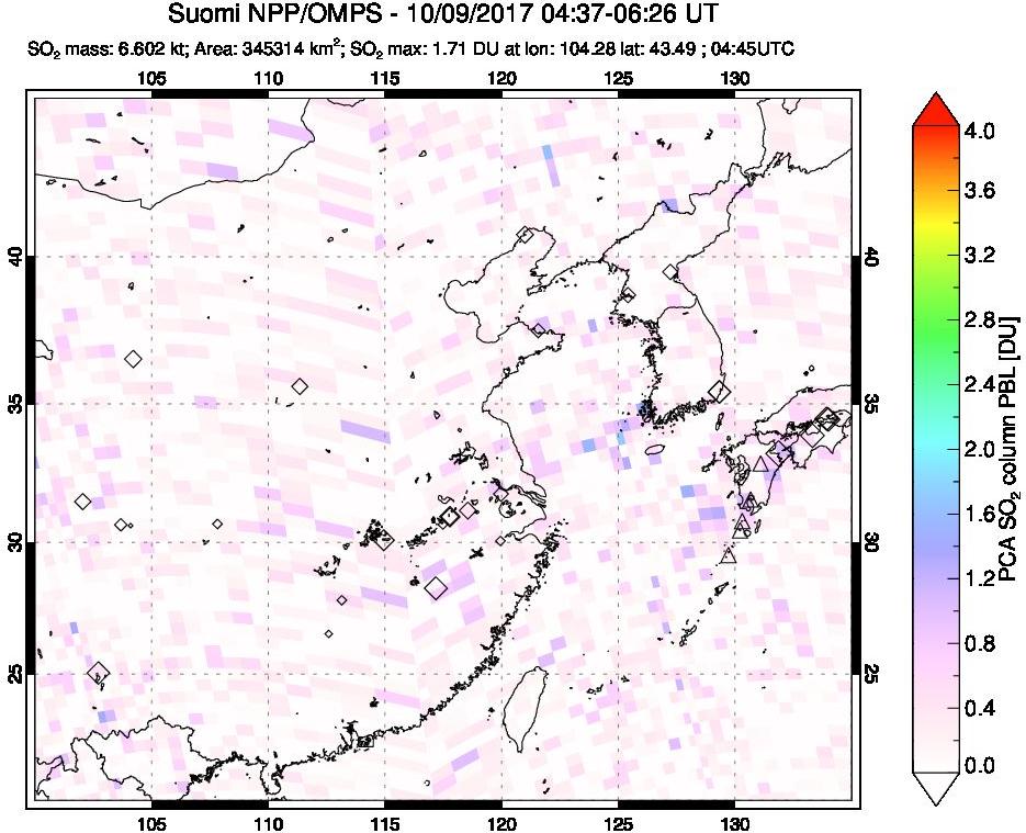 A sulfur dioxide image over Eastern China on Oct 09, 2017.