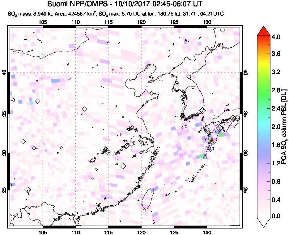 A sulfur dioxide image over Eastern China on Oct 10, 2017.