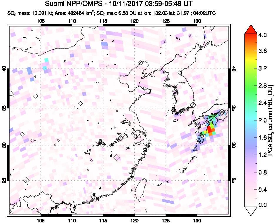 A sulfur dioxide image over Eastern China on Oct 11, 2017.