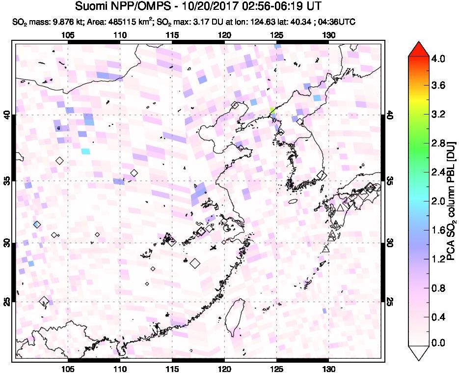 A sulfur dioxide image over Eastern China on Oct 20, 2017.
