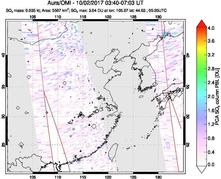 A sulfur dioxide image over Eastern China on Oct 02, 2017.