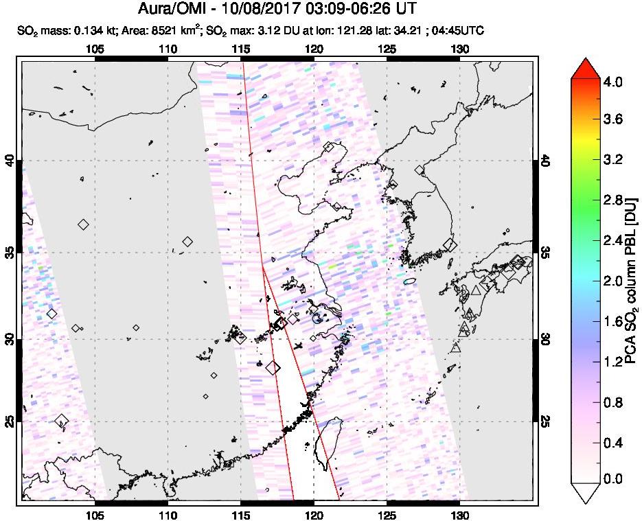 A sulfur dioxide image over Eastern China on Oct 08, 2017.