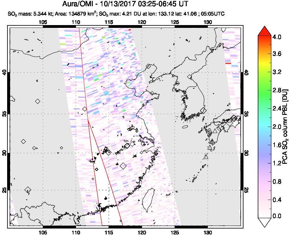 A sulfur dioxide image over Eastern China on Oct 13, 2017.