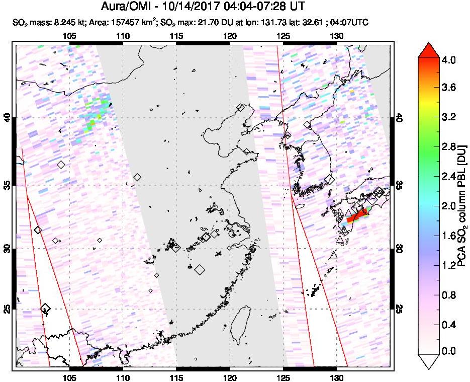 A sulfur dioxide image over Eastern China on Oct 14, 2017.