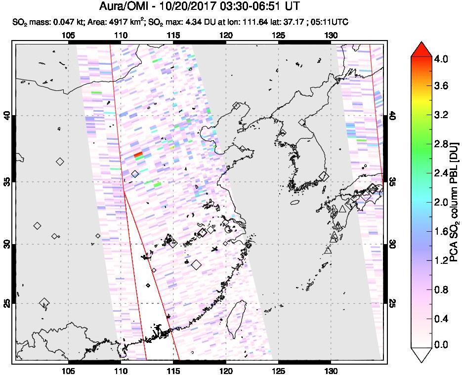 A sulfur dioxide image over Eastern China on Oct 20, 2017.