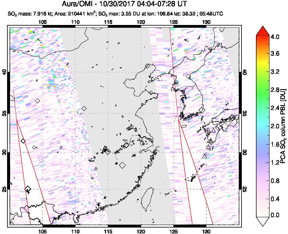 A sulfur dioxide image over Eastern China on Oct 30, 2017.