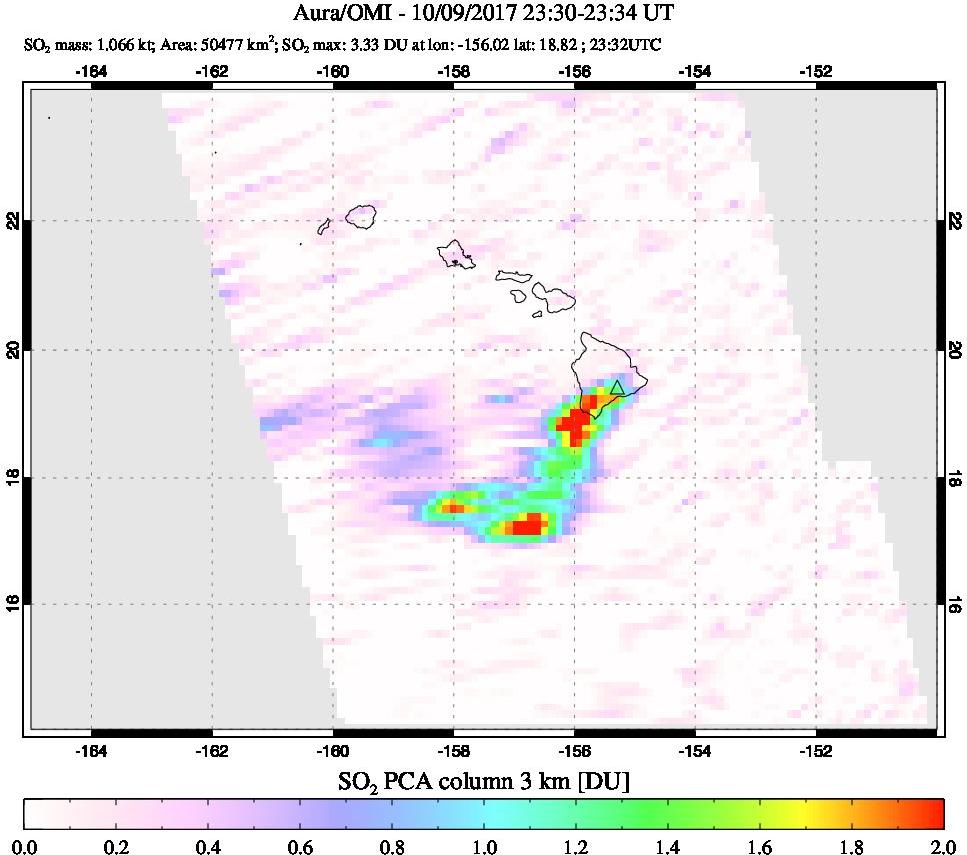 A sulfur dioxide image over Hawaii, USA on Oct 09, 2017.