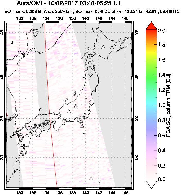 A sulfur dioxide image over Japan on Oct 02, 2017.