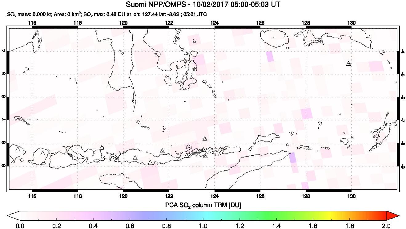 A sulfur dioxide image over Lesser Sunda Islands, Indonesia on Oct 02, 2017.