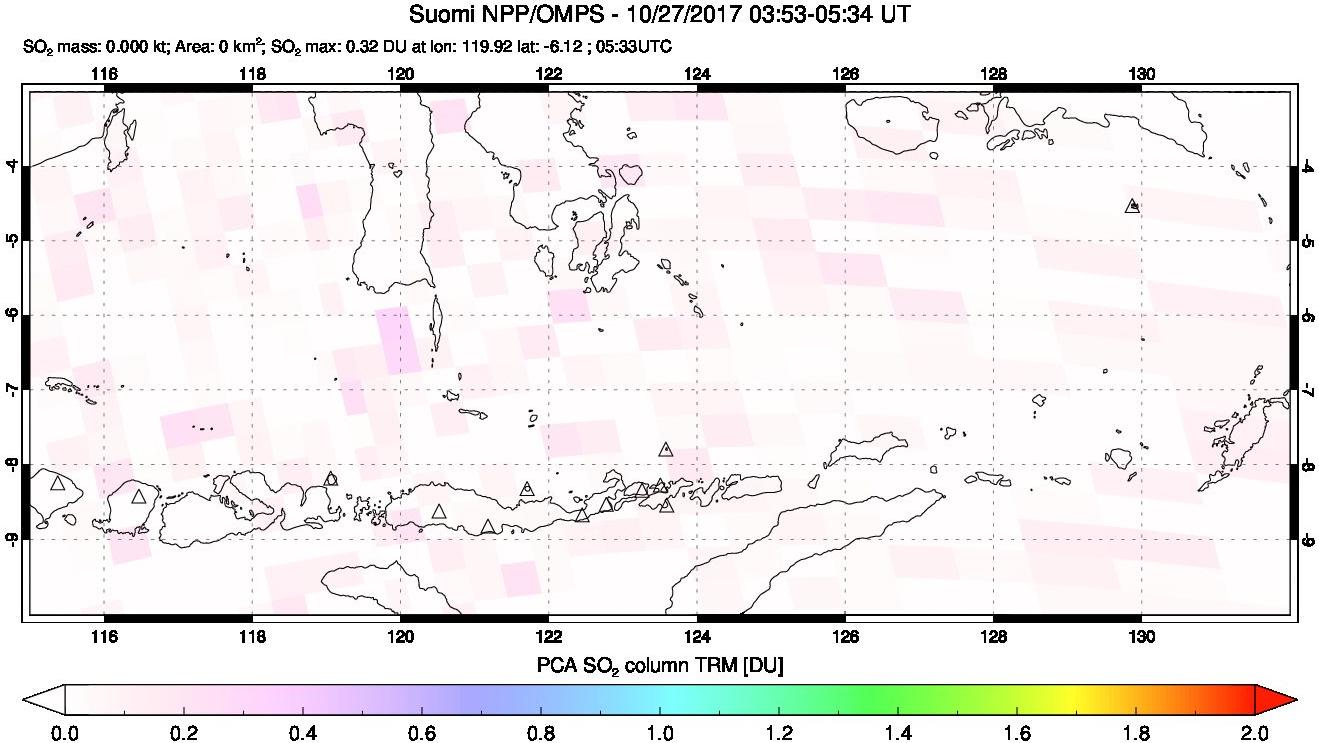 A sulfur dioxide image over Lesser Sunda Islands, Indonesia on Oct 27, 2017.