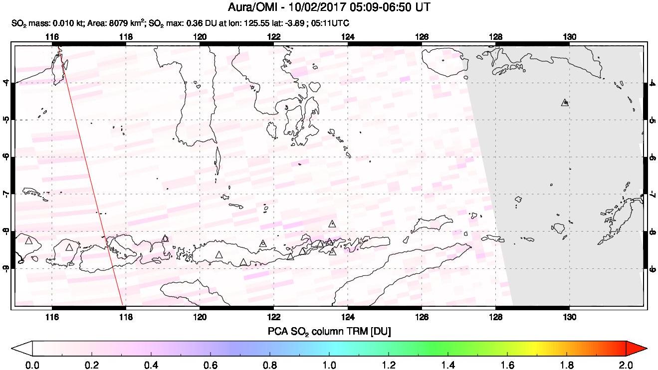 A sulfur dioxide image over Lesser Sunda Islands, Indonesia on Oct 02, 2017.