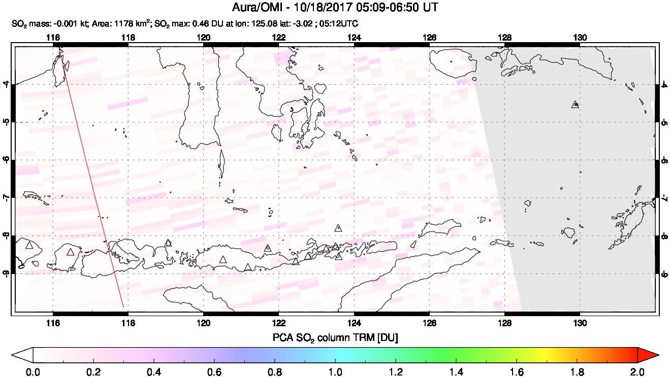 A sulfur dioxide image over Lesser Sunda Islands, Indonesia on Oct 18, 2017.