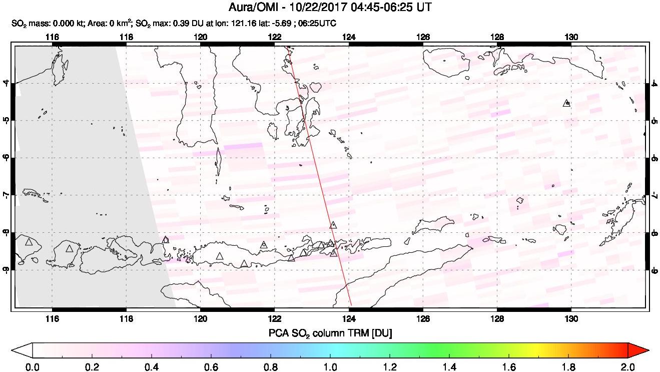 A sulfur dioxide image over Lesser Sunda Islands, Indonesia on Oct 22, 2017.