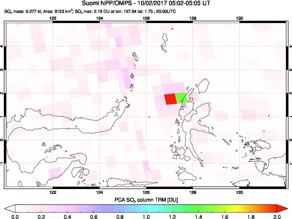 A sulfur dioxide image over Northern Sulawesi & Halmahera, Indonesia on Oct 02, 2017.