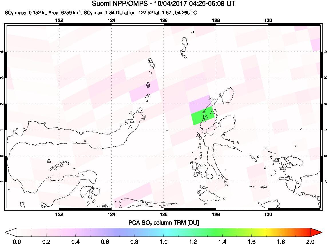 A sulfur dioxide image over Northern Sulawesi & Halmahera, Indonesia on Oct 04, 2017.