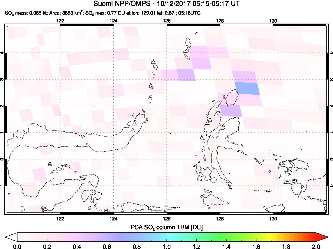 A sulfur dioxide image over Northern Sulawesi & Halmahera, Indonesia on Oct 12, 2017.