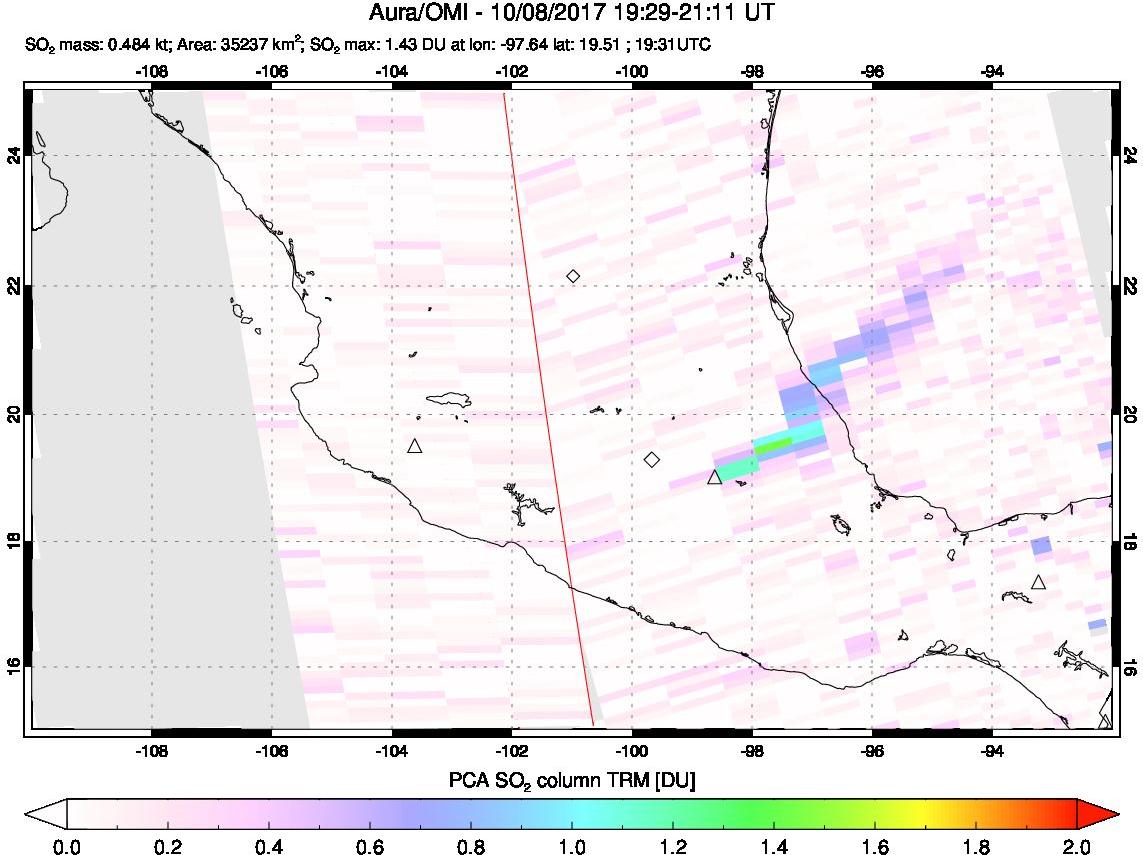 A sulfur dioxide image over Mexico on Oct 08, 2017.